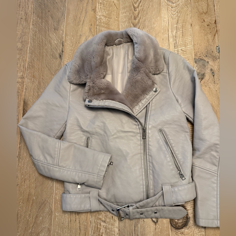 Unbranded Women's Gray Faux Fur Collar Moto Jacket XS/S